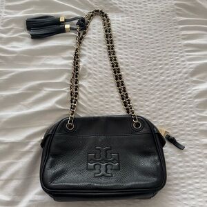 Tory Burch Thea Black Leather Crossbody Bag with Chain Strap and tassel